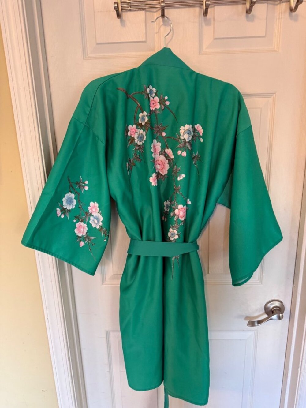Vintage Green Cherry Blossom Short Sleeve Robe Kimono Satin Luxury One Size - Picture 5 of 8